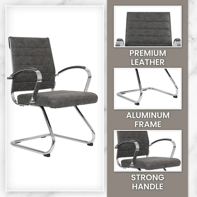 Fauteuil de bureau en cuir véritable avec piètement luge en acier inoxydable