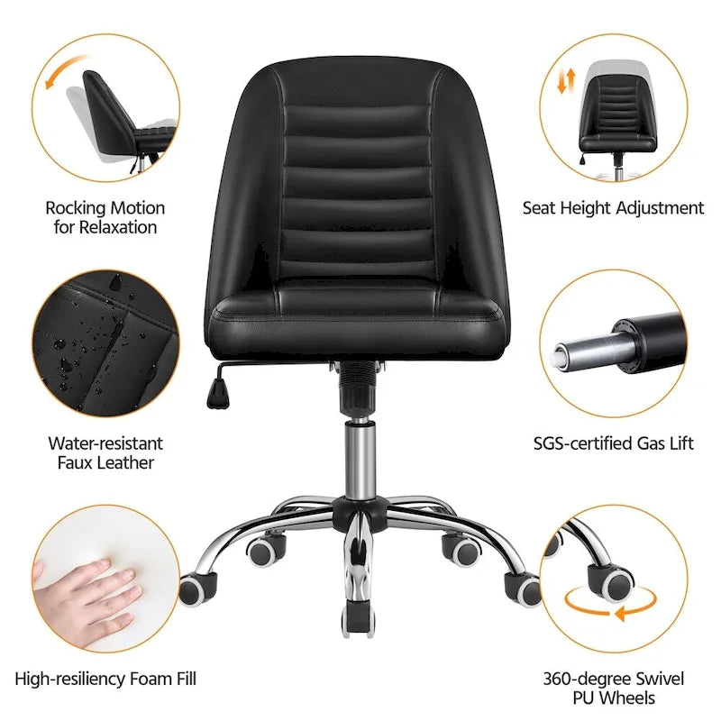 Chaise de bureau mi-hauteur en similicuir, chaise de bureau moderne sans accoudoirs matelassée