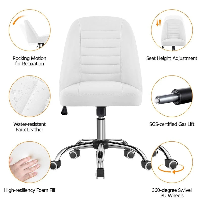 Chaise de bureau mi-hauteur en similicuir, chaise de bureau moderne sans accoudoirs matelassée