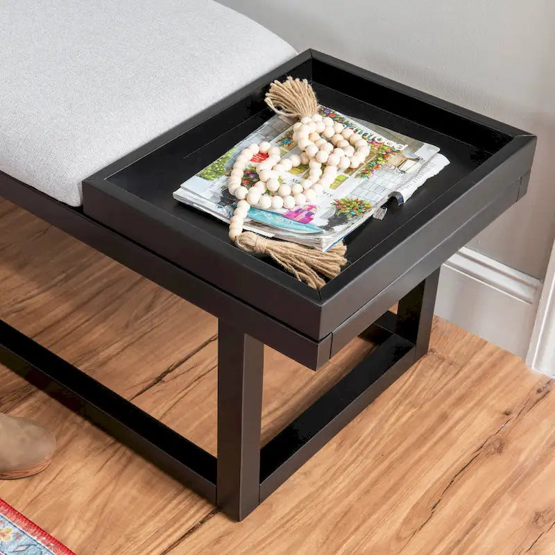 Banc en bois massif rembourré gris avec plateau